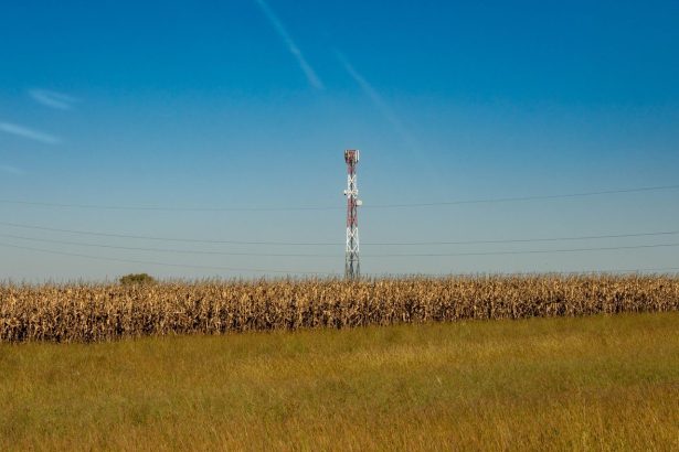 Torre de comunicação instalada em um campo rural sob céu azul.